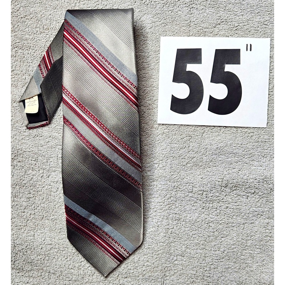 Wembley Men's Woven Tie Gray Red White Striped Polyester Linen Classic - 55"